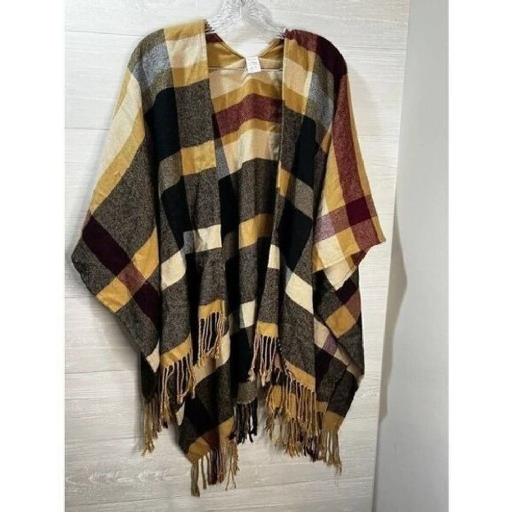 Plaid Open Front Fringe Poncho Wrap - Picture 3 of 7